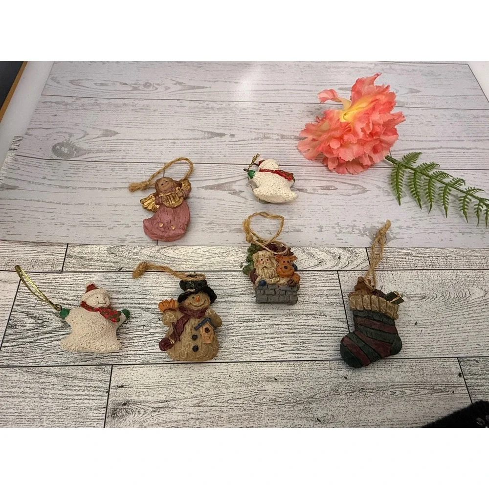Vintage Y2K Primitive Country Ornaments Set Of 6 Angel Snowman Stocking Santa 2